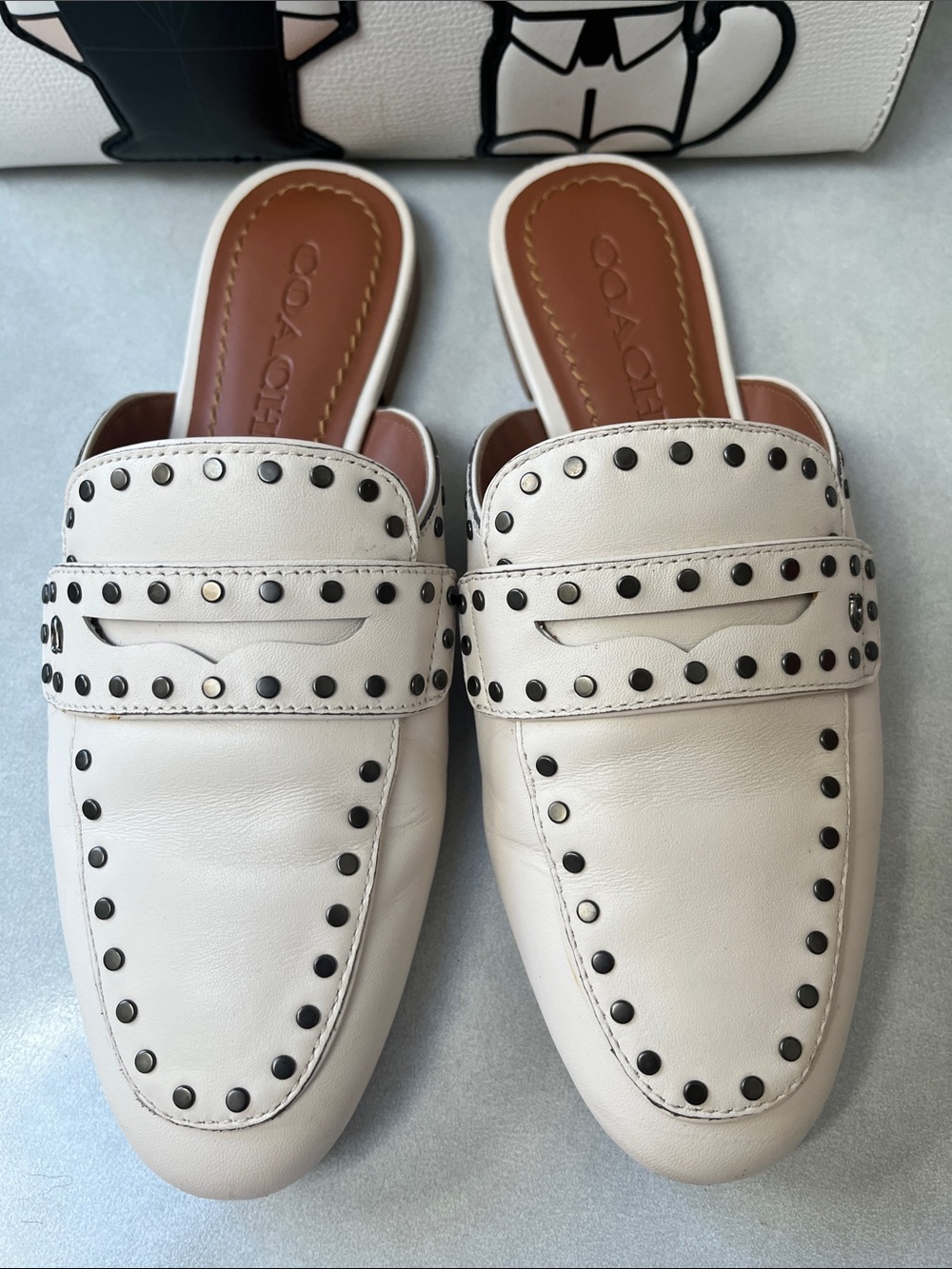 COACH White Leather Studded Slip-On Mules